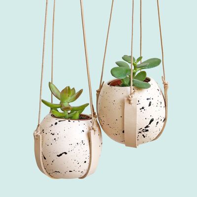 Blush Pink and Black Splatter pot with Leather Plant Hanger