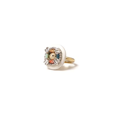 Ring with disc top and Esotica zircons