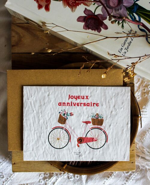 carte à planter double Joyeux anniversaire vélo rose