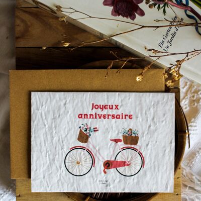 carte à planter double Joyeux anniversaire vélo rose