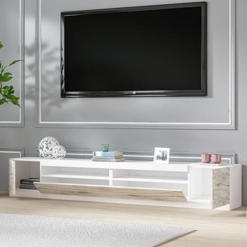 TV Lowboard Weiß mit LED-Leuchten (teil Marmor Optik) 9079