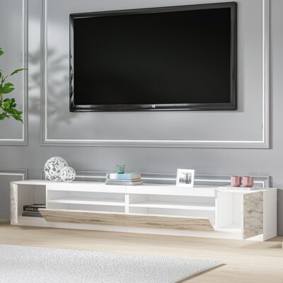 Meuble bas TV blanc avec éclairage LED (aspect en partie marbre) 9079