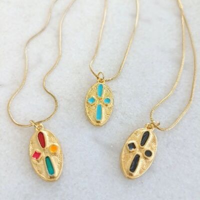 2 enameled cross necklaces in gold-plated steel