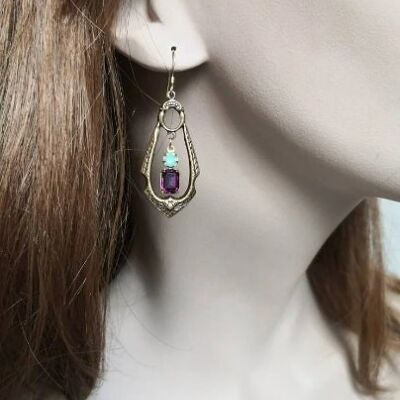 Victorian style long earrings in bronze color metal, gold hooks & turquoise and purple crystal [Isolde]
