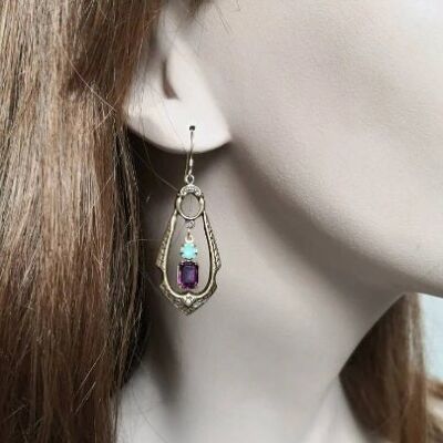 Victorian style long earrings in bronze color metal, gold hooks & turquoise and purple crystal [Isolde]