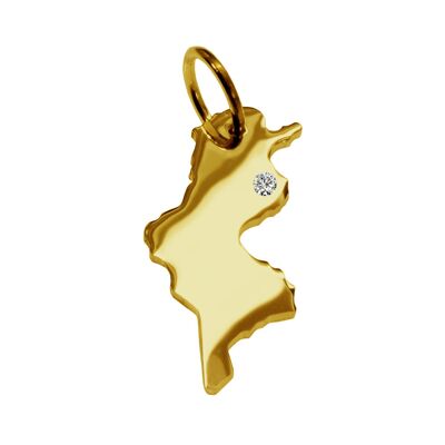 Pendant in the shape of the map of Tunisia with a diamond 0.015ct at your desired location in solid 585 yellow gold