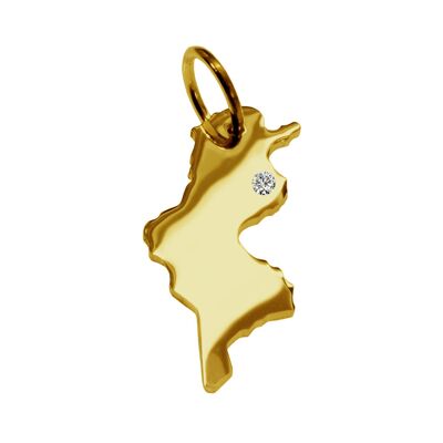 Pendentif en forme de carte de la Tunisie avec un diamant 0.015ct à l'endroit souhaité en or jaune massif 585