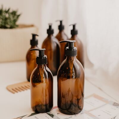 Recycled amber glass ribbed black soap dispenser bottle - 300ml / 500ml / 1L - Burette
