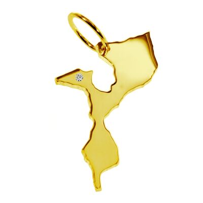 Colgante de cadena con la forma del mapa de Mozambique con un diamante de 0.015 ct en la ubicación deseada en oro amarillo sólido 585