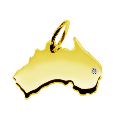 Pendant in the shape of the map of Australia with a diamond 0.015ct at your desired location in solid 585 yellow gold
