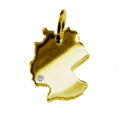 Pendentif en forme de carte de l'Allemagne avec un diamant de 0,015 ct à l'endroit souhaité en or jaune massif 585