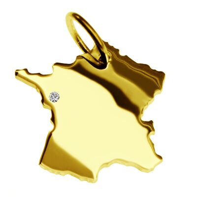 Pendant in the shape of the map of France with a diamond 0.015ct at your desired location in solid 585 yellow gold