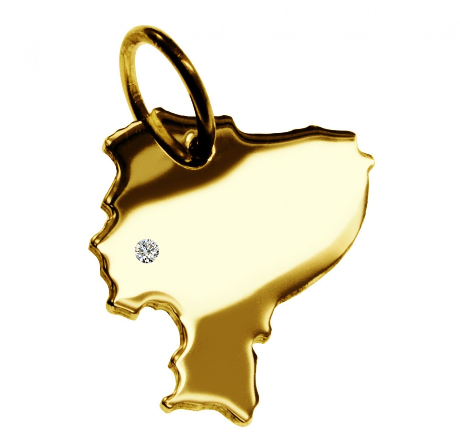 Ciondolo a forma di mappa dell'Ecuador con un diamante da 0,015 ct nella posizione desiderata in oro giallo massiccio 585