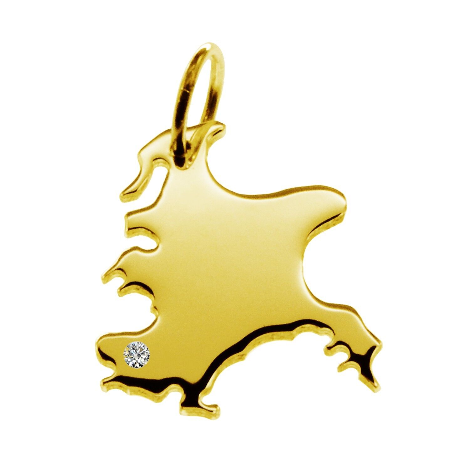 Pendente a catena a forma di mappa di Rügen con un diamante da 0,015 ct nella posizione desiderata in oro giallo massiccio 585