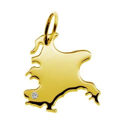 Pendentif chaîne en forme de carte de Rügen avec un diamant de 0,015 ct à l'emplacement de votre choix en or jaune massif 585