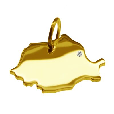 Pendant in the shape of the map of Romania with a diamond 0.015ct at your desired location in solid 585 yellow gold