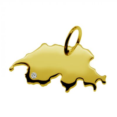 Pendant in the shape of the map of Switzerland with a diamond 0.015ct at your desired location in solid 585 yellow gold