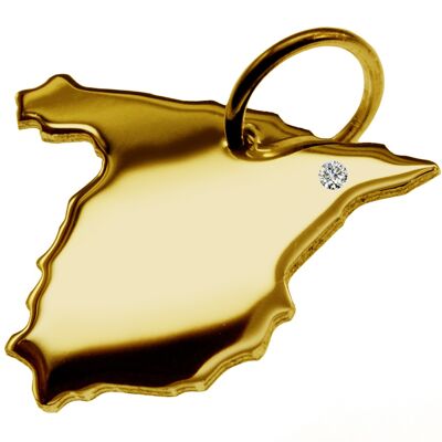 Pendant in the shape of the map of Spain with a diamond 0.015ct at your desired location in solid 585 yellow gold