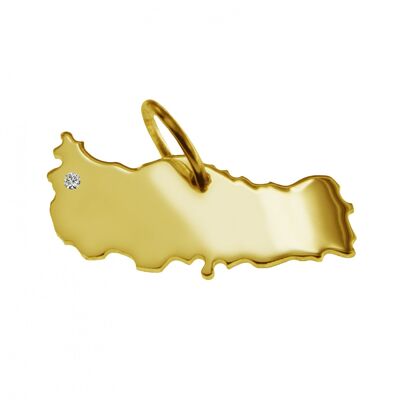 Pendant in the shape of the map of Turkey with a diamond 0.015ct at your desired location in solid 585 yellow gold