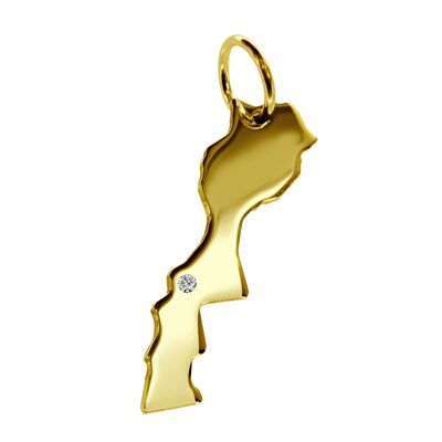 Pendant in the shape of the map of Morocco with a diamond 0.015ct at your desired location in solid 585 yellow gold
