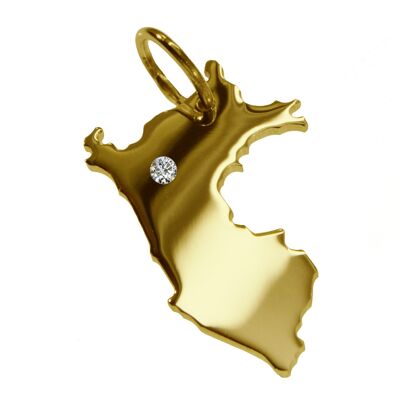 Pendant in the shape of the map of Peru with a diamond 0.015ct at your desired location in solid 585 yellow gold