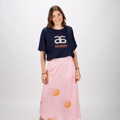 Fluid midi skirt with pink palm print Made in France
