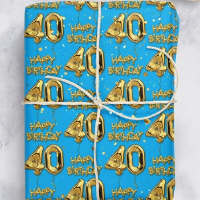 40 Gold Blue Balloon Gift Wrap - 40th Birthday