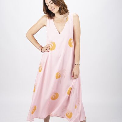 Summer wide strap dress with pink palm tree print Made in France