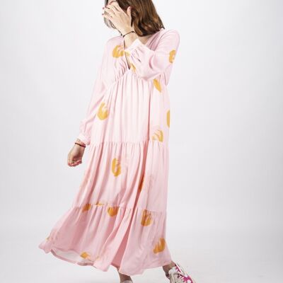 Langes böhmisches Kleid mit rosafarbenem Palmendruck Hergestellt in Frankreich