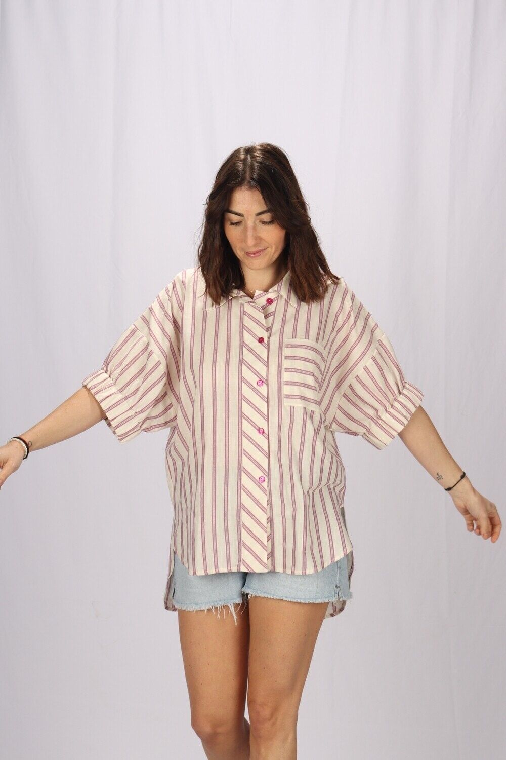 Loose cotton shirt with pink stripes Made in France