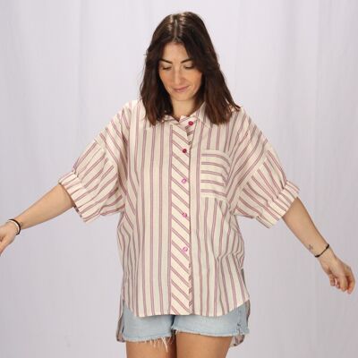 Loose cotton shirt with pink stripes Made in France