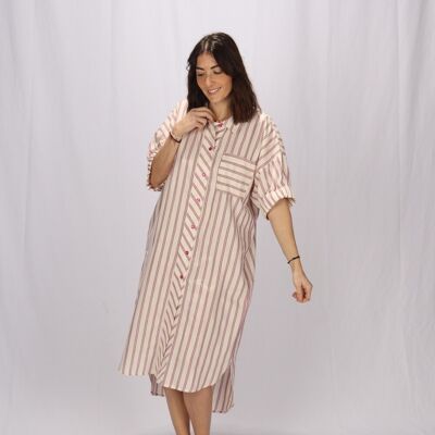 Long summer dress with pink stripes in cotton Made in France