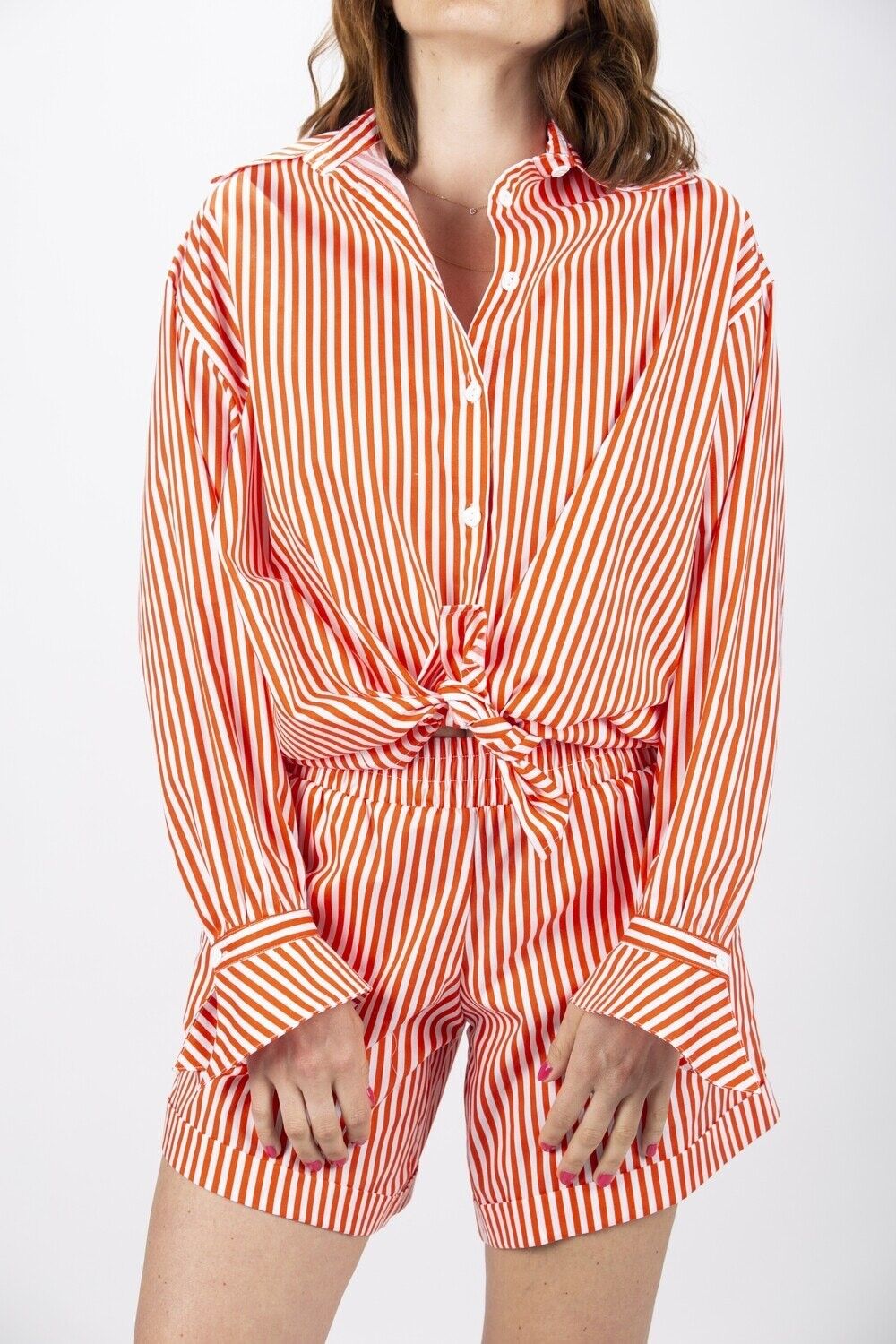 Straight shirt with orange stripes in cotton poplin Made in France