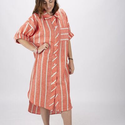 Long linen dress with green stripes, short sleeves Made in France