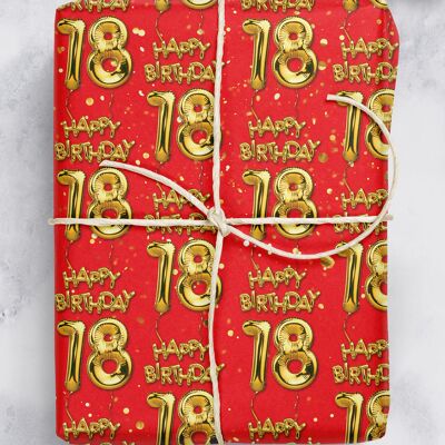 18 Gold Red Balloon Gift Wrap - 18th Birthday