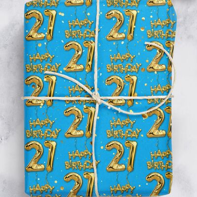 21 Gold Blue Balloon Gift Wrap - 21st Birthday