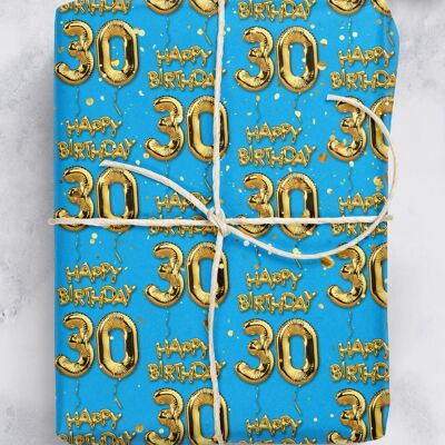 30 Gold Blue Balloon Gift Wrap - 30th Birthday