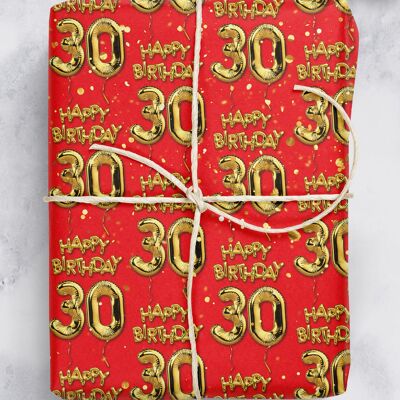30 Gold Red Balloon Gift Wrap - 30th Birthday