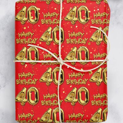 40 Gold Red Balloon Gift Wrap - 40th Birthday