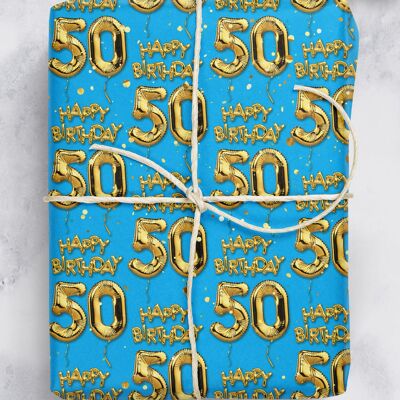 50 Gold Blue Balloon Gift Wrap - 50th Birthday