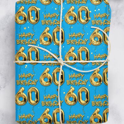 60 Gold Blue Balloon Gift Wrap - 60th Birthday