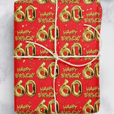 60 Gold Red Balloon Gift Wrap - 60th Birthday