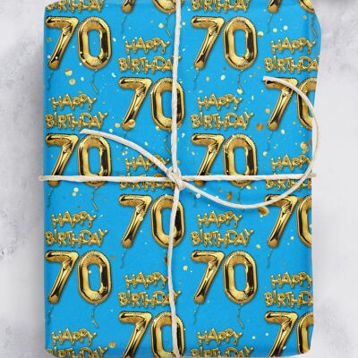 70 Gold Blue Balloon Gift Wrap - 70th Birthday