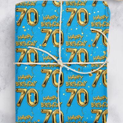 70 Gold Blue Balloon Gift Wrap - 70th Birthday