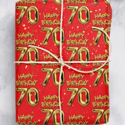 70 Gold Red Balloon Gift Wrap - 70th Birthday