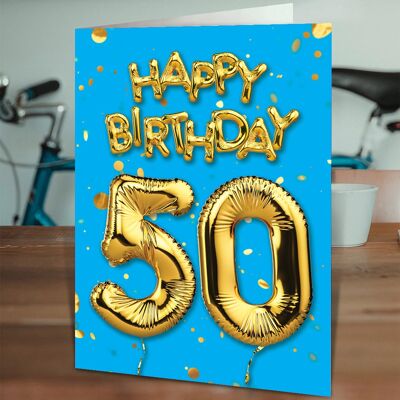 50th Birthday Balloon Card Blue