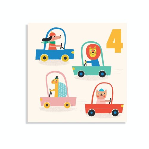 Birthday card - Driving animals 'four'