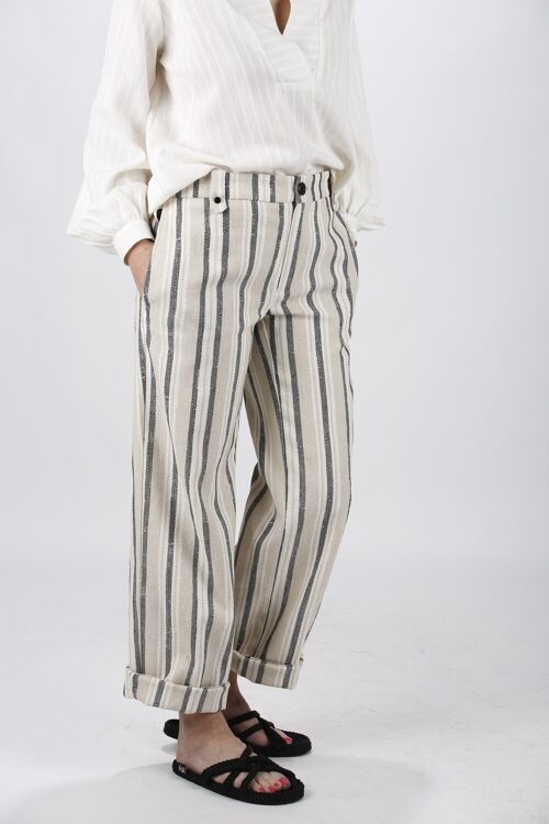 Pantalon à rayure beige et noir en coton coupe droite Made in France