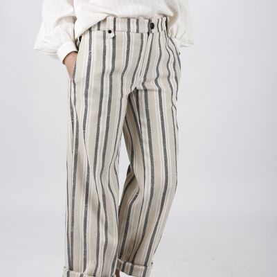 Straight cut cotton beige and black striped trousers Made in France