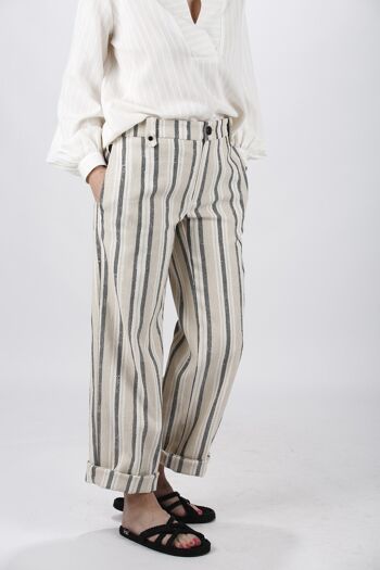 Pantalon à rayure beige et noir en coton coupe droite Made in France 1